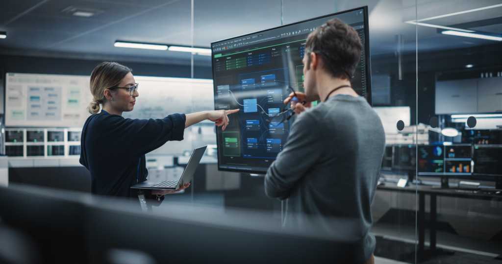 Two Diverse Software Developers Having a Meeting in a Conference Room. Female and Male Tech Industry Engineers Brainstorming Ideas for Their Neural Network Blockchain Startup