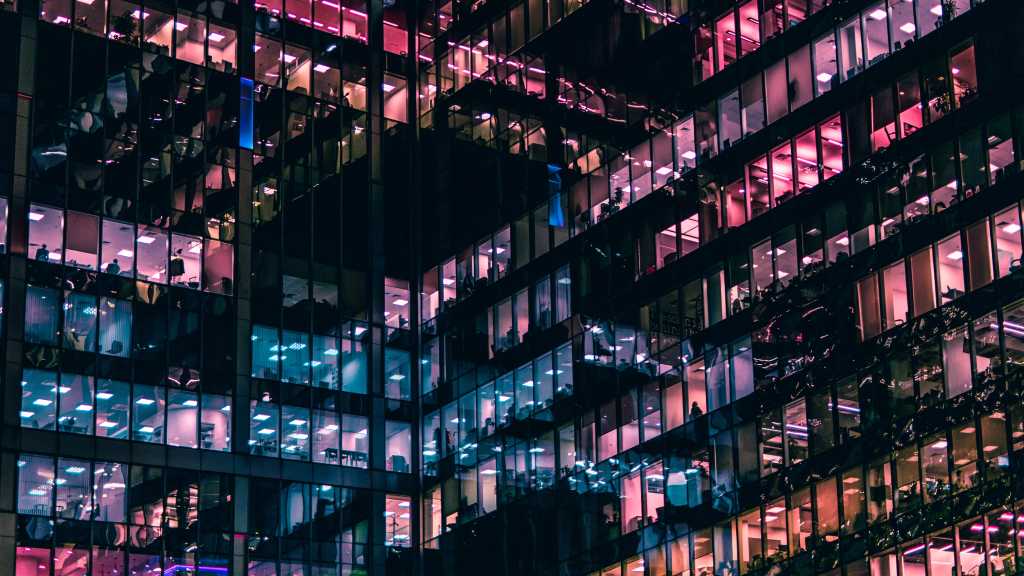 colorful office building at night